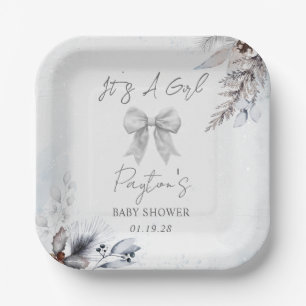 Floral Bow Winter Girl Baby Shower Welcome Paper Plate