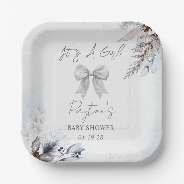 Floral Bow Winter Girl Baby Shower Welcome Paper Plate (Front)