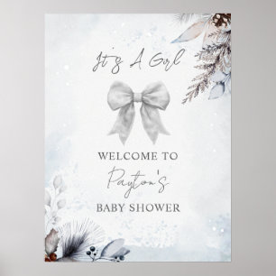 Floral Bow Winter Girl Baby Shower Welcome Poster