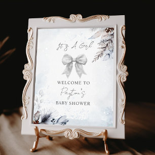 Floral Bow Winter Girl Baby Shower Welcome Poster