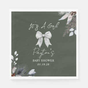 Floral Bow Winter Girl Green Baby Shower Welcome Napkin