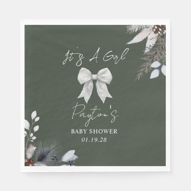 Floral Bow Winter Girl Green Baby Shower Welcome Napkin (Front)