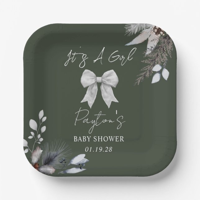 Floral Bow Winter Girl Green Baby Shower Welcome Paper Plate (Front)