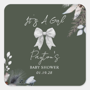 Floral Bow Winter Green Girl Baby Shower  Square Sticker