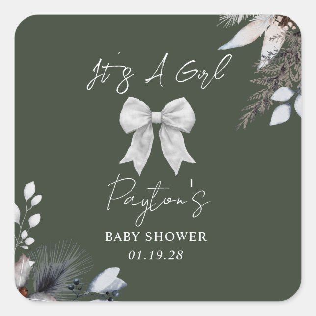 Floral Bow Winter Green Girl Baby Shower  Square Sticker (Front)
