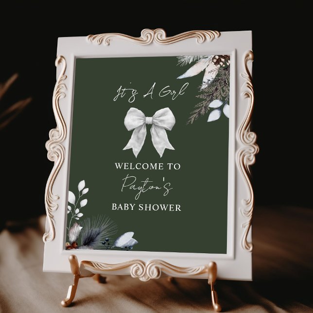 Floral Bow Winter Green Girl Baby Shower Welcome Poster (Creator Uploaded)