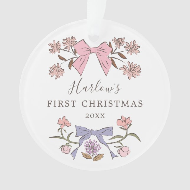 Floral Bows Pink and Purple Baby's First Christmas Ornament (Front)
