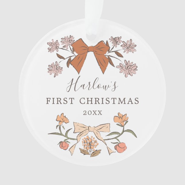 Floral Bows Terracotta Baby's First Christmas Ornament (Front)