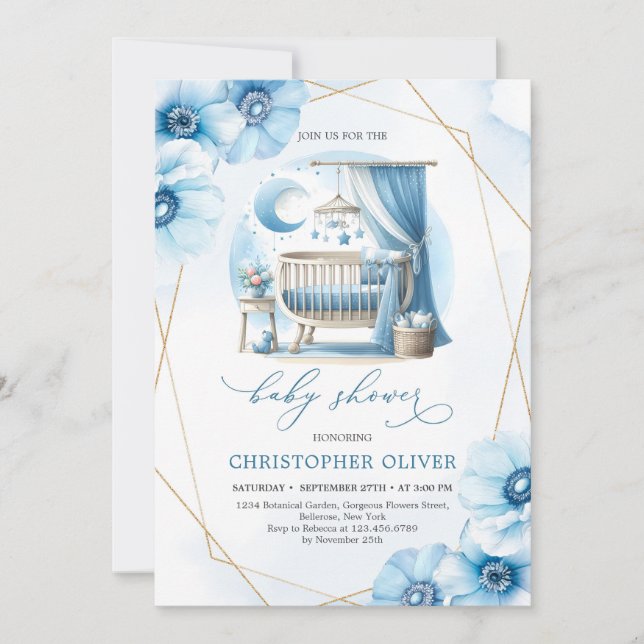 Floral Boy baby shower invitation with baby crib  (Front)
