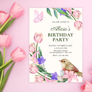 Floral branch bird birthday invitation