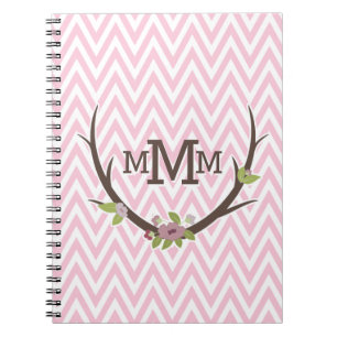 Floral Branch Pink Chevron Pattern Monogram Notebook