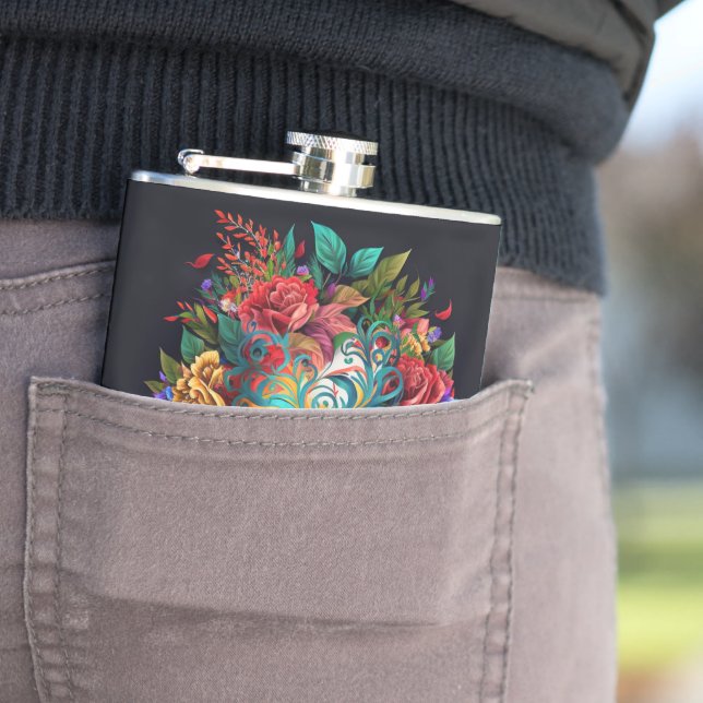 Floral Brazilian Carnival Mask Hip Flask (In Situ)