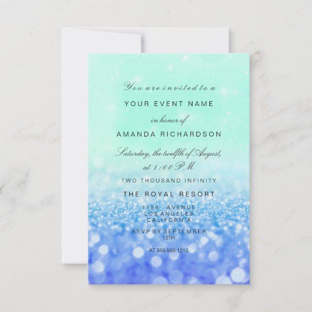 Floral Bridal Birthday Blu Glitter On The Beach Invitation (Front)