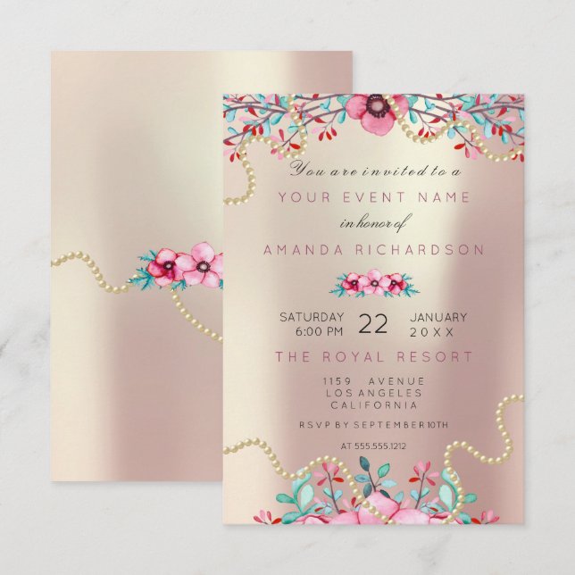 Floral Bridal Birthday Gold Pink Pearl Sweet Glam Invitation (Front/Back)