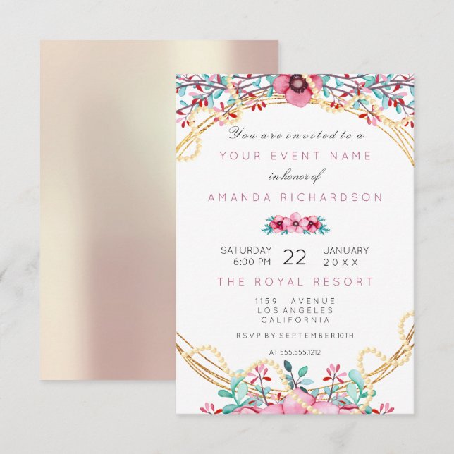 Floral Bridal Birthday Gold Pink Pearls Sweet Rose Invitation (Front/Back)