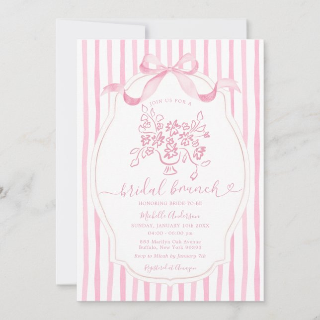 Floral Bridal Brunch Elegant Pink Stripe Bridal  Invitation (Front)