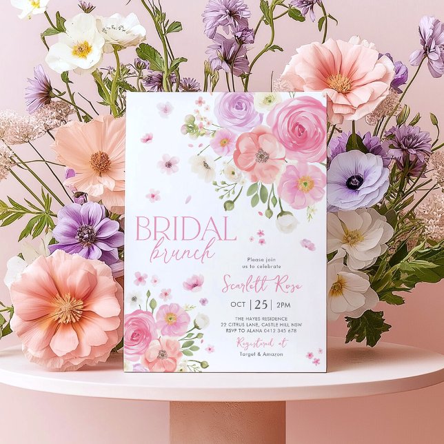 Floral Bridal Brunch Love In Bloom Purple Invitation (Bridal Brunch Floral Bridal Shower Invitation in pink, peach and purple flowers)