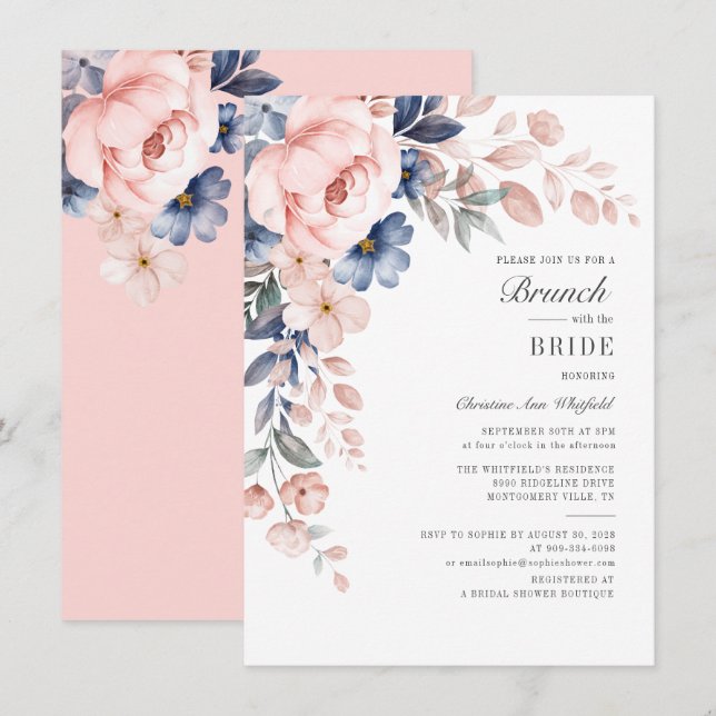 Floral Bridal Brunch Watercolor Pink Blue Flowers Invitation (Front/Back)