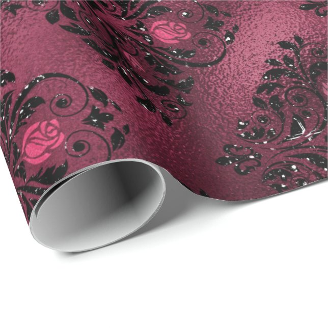Floral Bridal Damask Black Roses Glitter Burgundy Wrapping Paper (Roll Corner)