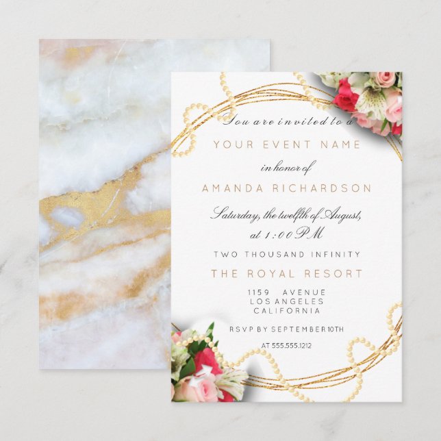 Floral Bridal Marble Birthday Gold Pink Pearls Invitation (Front/Back)