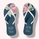 Floral Bridal Party | Flip Flops<br><div class="desc">Enjoy your bachelorette weekend in style with these fun floral flipflops, featuring a watercolor blooming cabbage rose, in tones of pinks with green leaves, on a navy blue background. Also features " bride tribe " in white script. Cute to give to bridesmaids and your bridal squad to wear on your...</div>