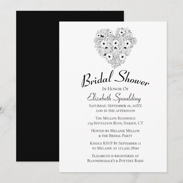 Floral Bridal Shower Anemones Black White Flowers Invitation (Front/Back)