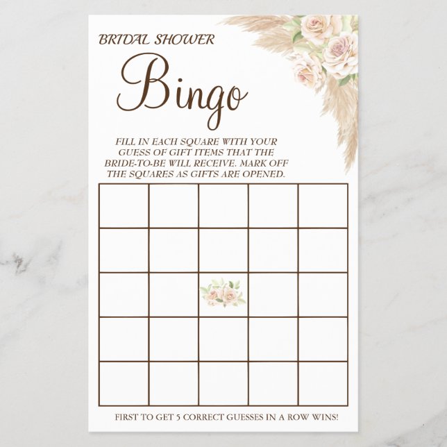 Floral Bridal Shower Bingo game card (Front)