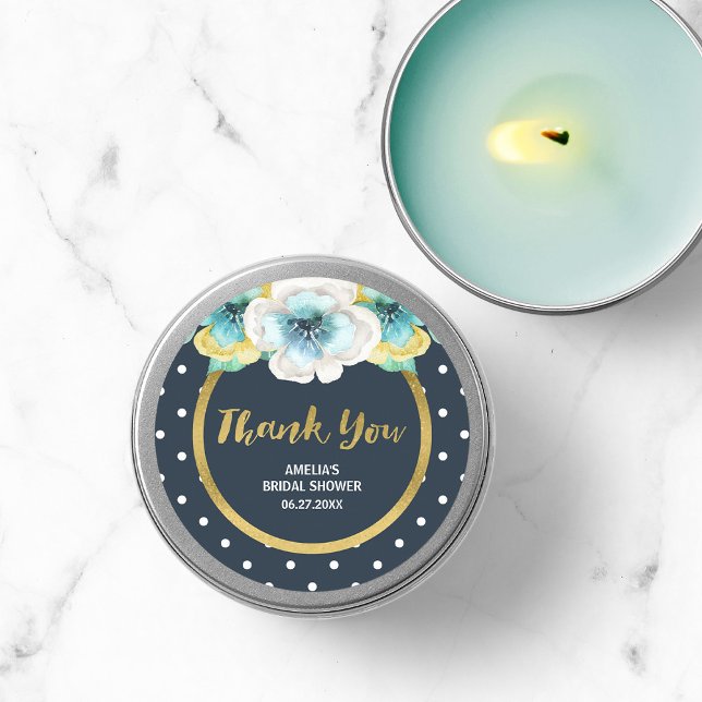 Floral Bridal Shower, Blue and Faux Gold Thank You Classic Round Sticker (Creator Uploaded)