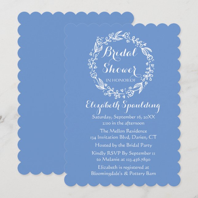 Floral Bridal Shower Blue Cornflower Flower Wreath Invitation (Front/Back)
