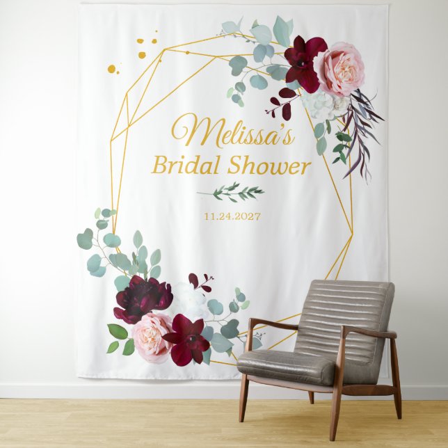 Floral Bridal Shower Gold Geometric Booth Backdrop Tapestry (In Situ)