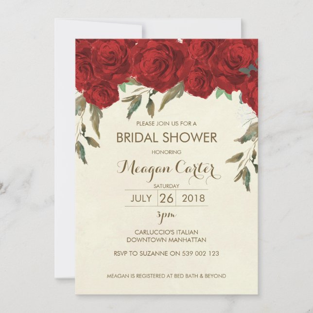 Floral bridal shower invitation ivory red roses (Front)