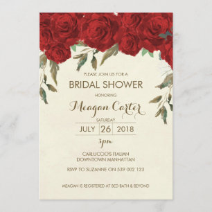 Floral bridal shower invitation ivory red roses