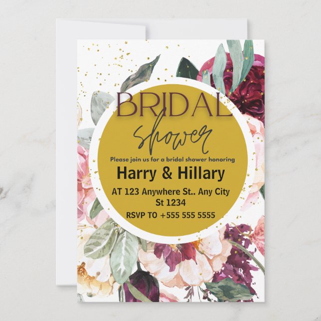 Floral Bridal Shower Invitation with Gold Circle (Front)