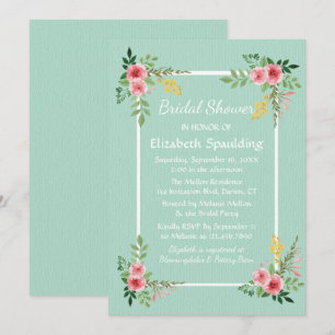 Floral Bridal Shower Mint Green Pink Rose Flowers Invitation