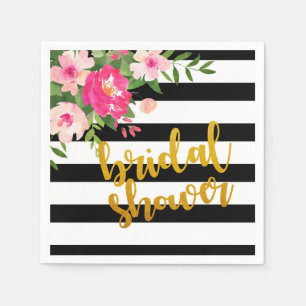 Floral Bridal Shower Napkin - Black/White Stripes