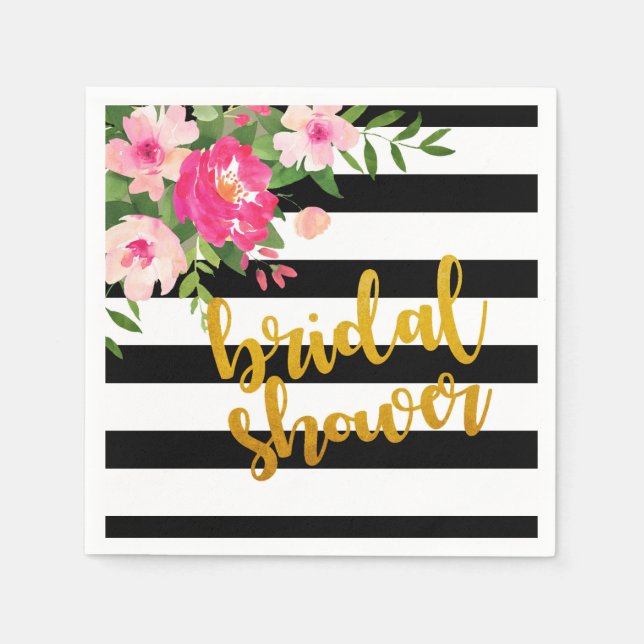 Floral Bridal Shower Napkin - Black/White Stripes (Front)