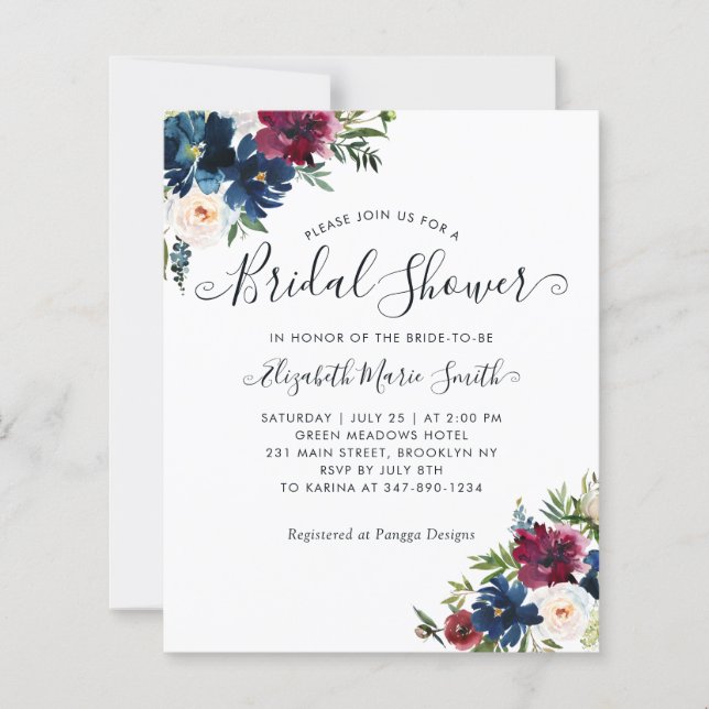 Floral Bridal Shower Navy Blue Burgundy Invitation (Front)