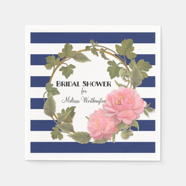 Floral Bridal Shower Pink Peony Flowers Striped Napkin (Front)
