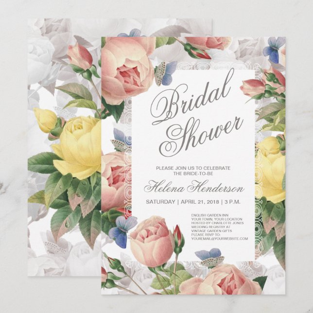 Floral Bridal Shower Roses and Lace Invitation (Front/Back)