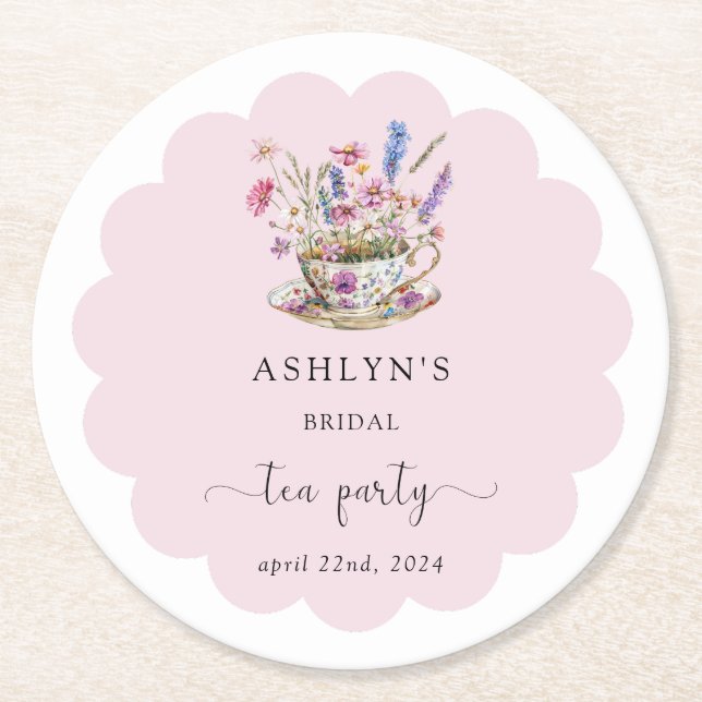 Floral Bridal Shower Tea Party Paper Coasters (Front)