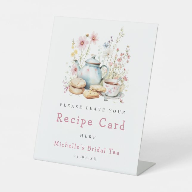 Floral Bridal Shower Tea Party Recipe Card Pedestal Sign (Front)