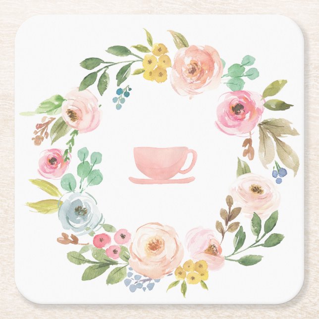 Floral Bridal Shower Tea Party Square Paper Coaster (Front)
