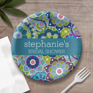 Floral Bridal Shower Teal and Green Retro Flowers Paper Plate