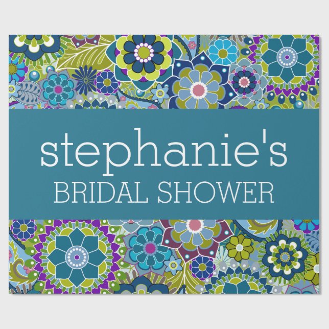 Floral Bridal Shower Teal and Green Retro Flowers Wrapping Paper (Flat)