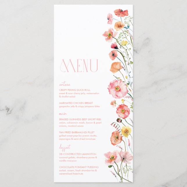 Floral Bridal Shower Wildflower Poppies Menu (Front)