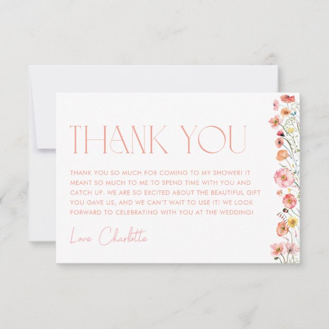 Floral Bridal Shower Wildflower Poppies  Thank You Card (Front)