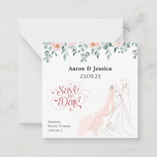 Floral Bride and Groom Illustration Save the Date Card (Front)
