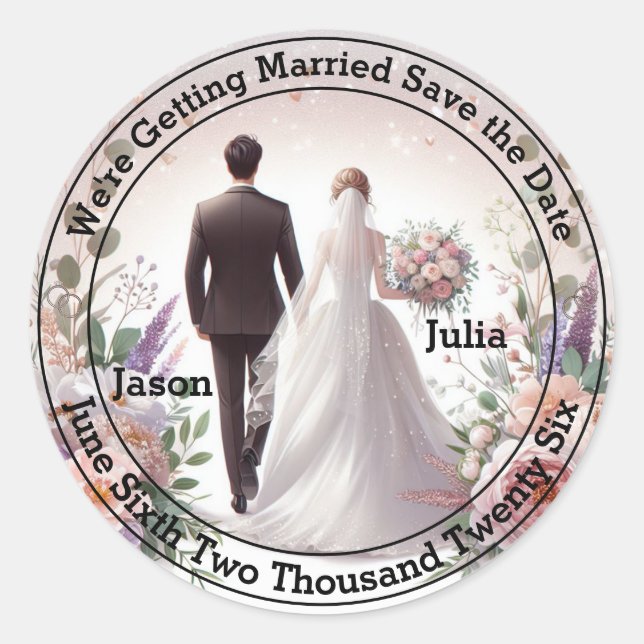 Floral Bride and Groom Save The Date  Classic Round Sticker (Front)