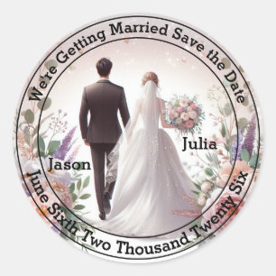 Floral Bride and Groom Save The Date Classic Round Sticker