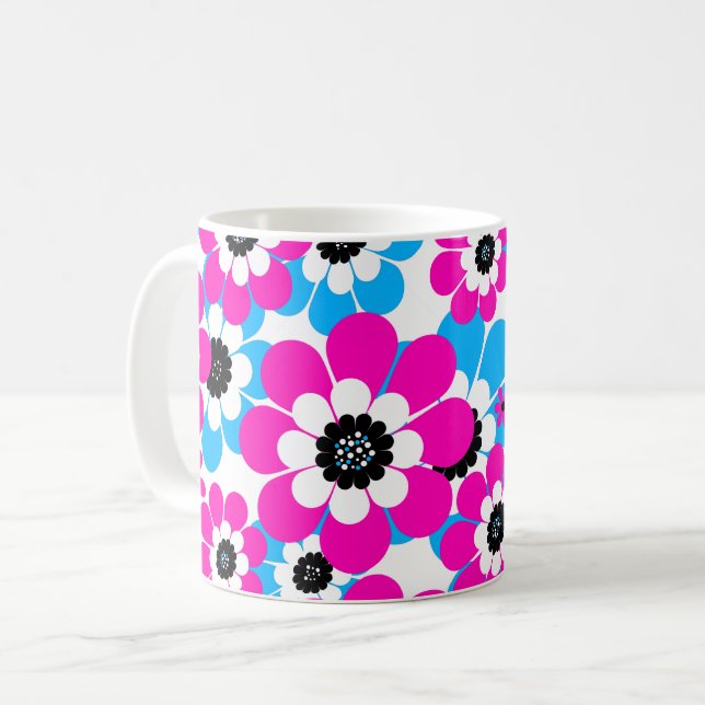 Floral bright neon pattern bright crimson and blue coffee mug (Front Left)